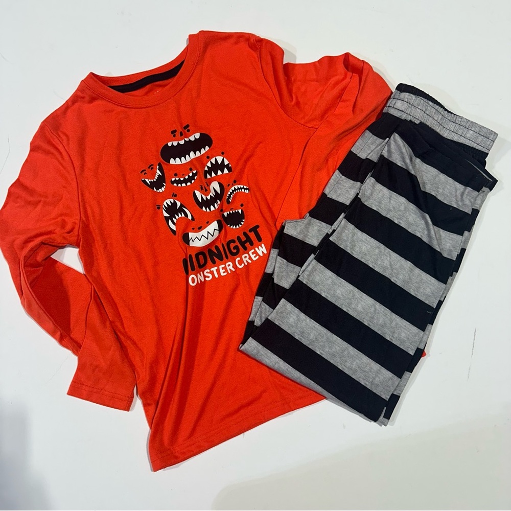 Midnight Monster Crew Kids Pajamas - Orange  and Black Striped Set